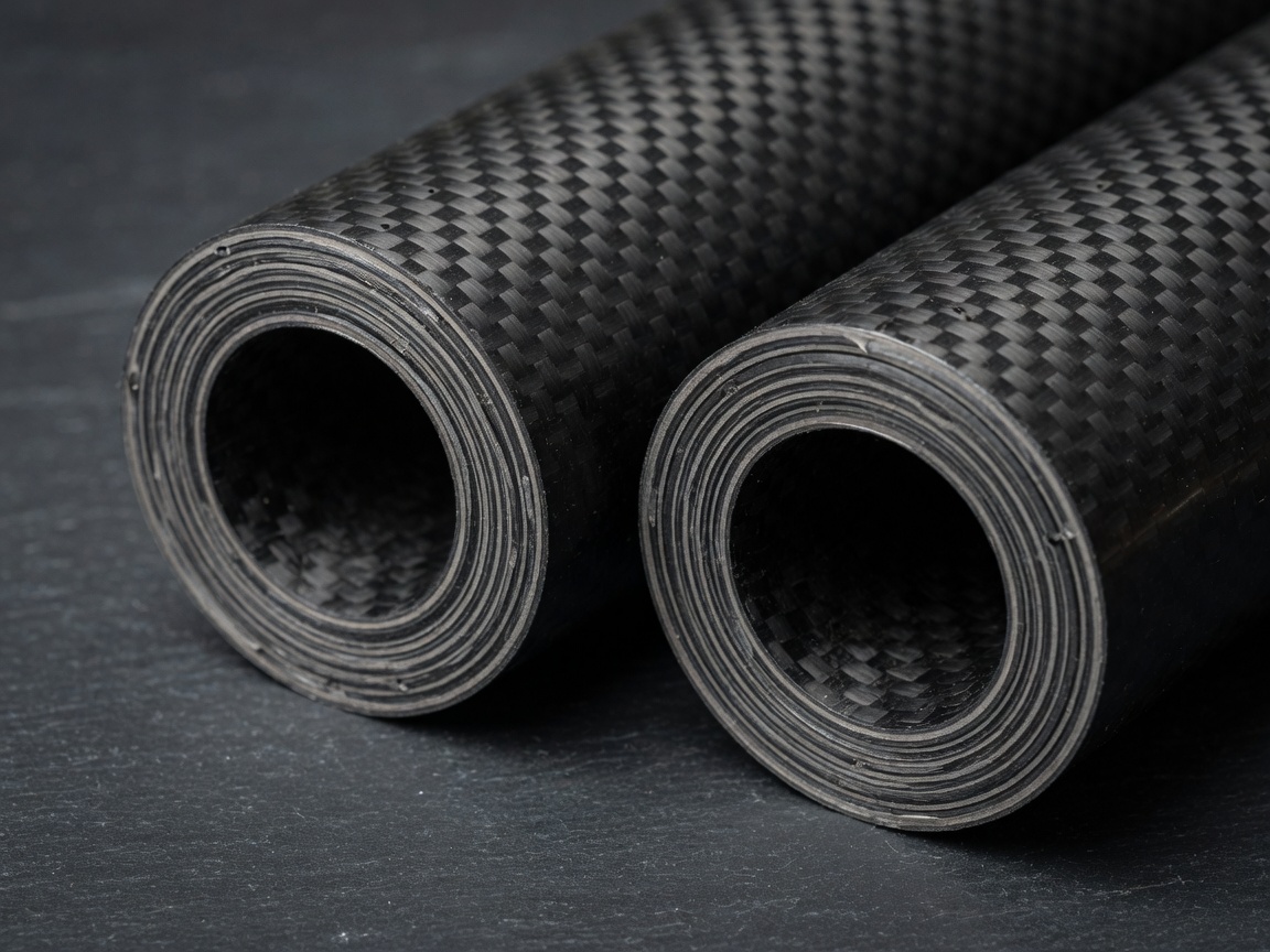 Close-up of thick-walled carbon fiber tubes showing the twill weave