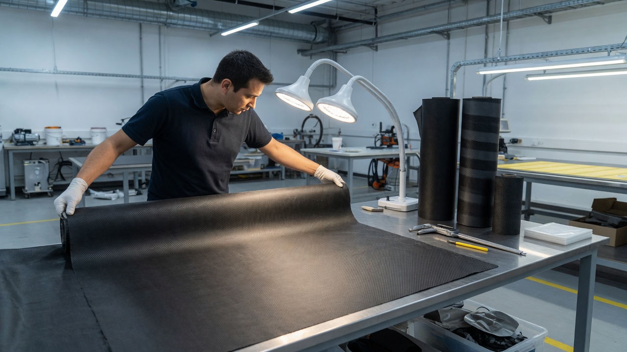 Technician in a modern workshop inspecting a roll of carbon fiber twill